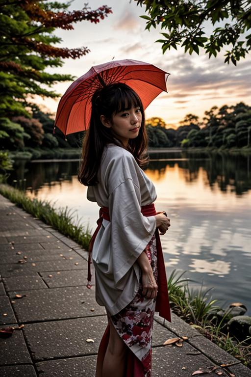 A Japanese girl dressed in traditional clothing, standing by a serene lake at sunset. The sky is painted with warm hues of orange, pink, and red. She wears a simple kimono, holding an umbrella to shield her from the gentle rain that begins to fall as she gazes peacefully into the distance. In the background, there are tall trees adorned with vibrant autumn leaves, creating a beautiful contrast against the fading daylight.