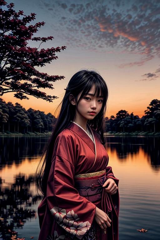 A Japanese girl dressed in traditional clothing, standing by a serene lake at sunset. The sky is painted with warm hues of orange, pink, and red. She wears a simple kimono, holding an umbrella to shield her from the gentle rain that begins to fall as she gazes peacefully into the distance. In the background, there are tall trees adorned with vibrant autumn leaves, creating a beautiful contrast against the fading daylight.