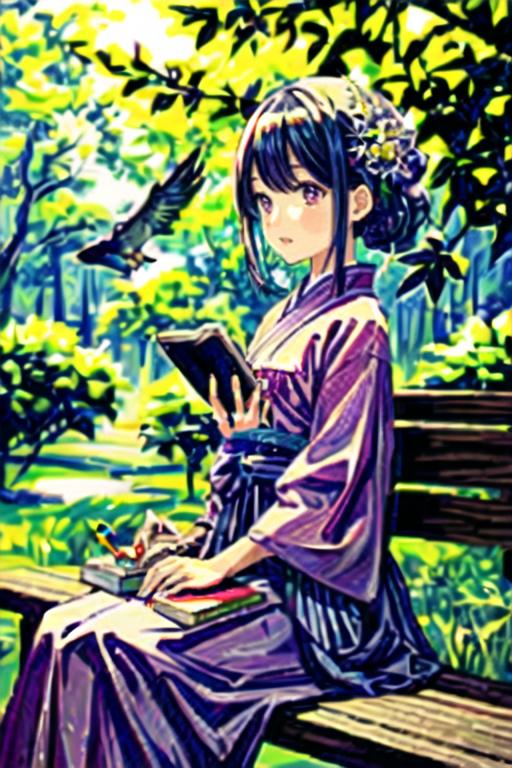 A Korean girl sitting on a bench in a park, surrounded by lush greenery and the sound of birds chirping. She wears a traditional hanbok with vibrant colors that contrast beautifully against the serene landscape. In her hands, she holds a book filled with stories from centuries ago, reflecting the rich cultural heritage of Korea.